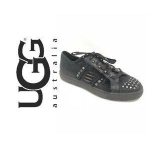 UGG BLACK STUDDED FUR LACE-UP Biker Chic LEATHER PLATFORM SHOES! SIZE 7!